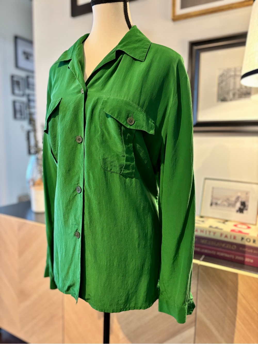 100% Silk PRINCIPLES Vintage Emerald Green Button-Up Shirt Medium - Picture 4 of 12